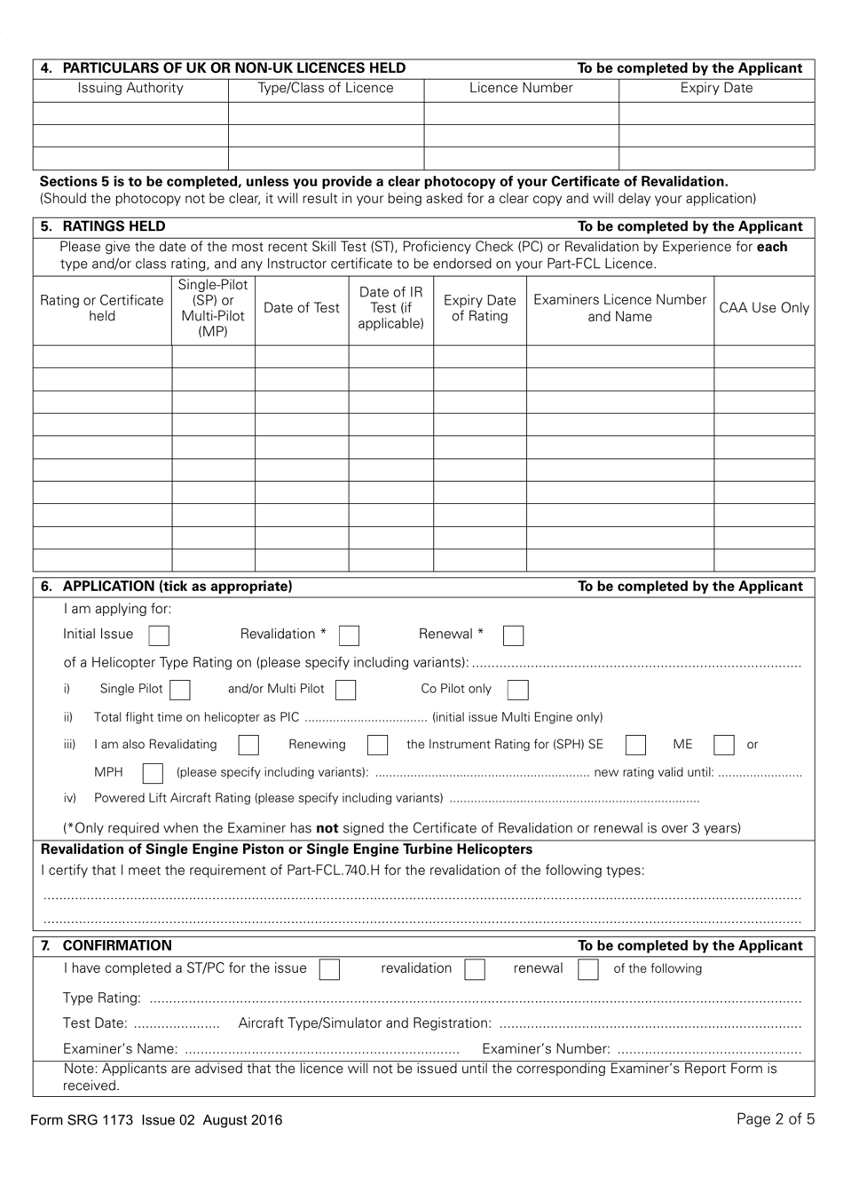 Form SRG1173 Helicopter - Application for the Issue / Revalidation / Renewal for a Single and Multi Pilot Type Rating - United Kingdom, Page 2