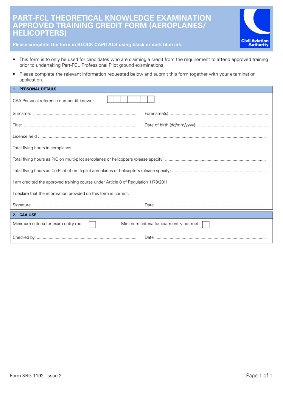 Form SRG1192 Part-Fcl Theoretical Knowledge Examination Approved Training Credit Form (Aeroplanes / Helicopters) - United Kingdom, Page 1