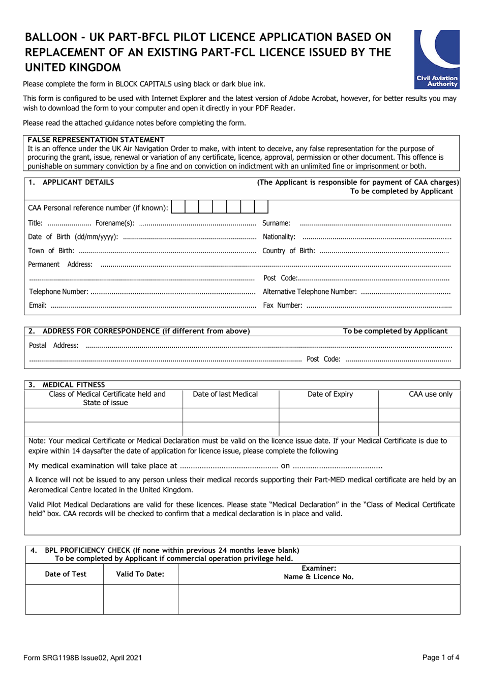 Form SRG1198B Balloon - UK Part-Bfcl Pilot Licence Application Based on Replacement of an Existing Part-Fcl Licence Issued by the United Kingdom - United Kingdom, Page 1