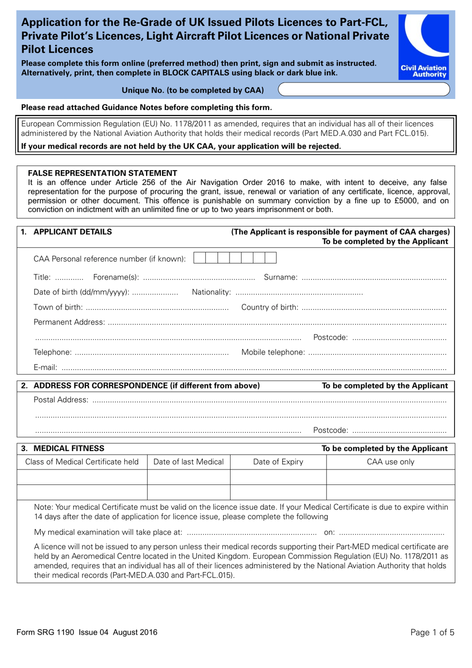 Form SRG1190 Application for the Re-grade of UK Issued Pilots Licences to Part-Fcl, Private Pilots Licences, Light Aircraft Pilot Licences or National Private Pilot Licences - United Kingdom, Page 1