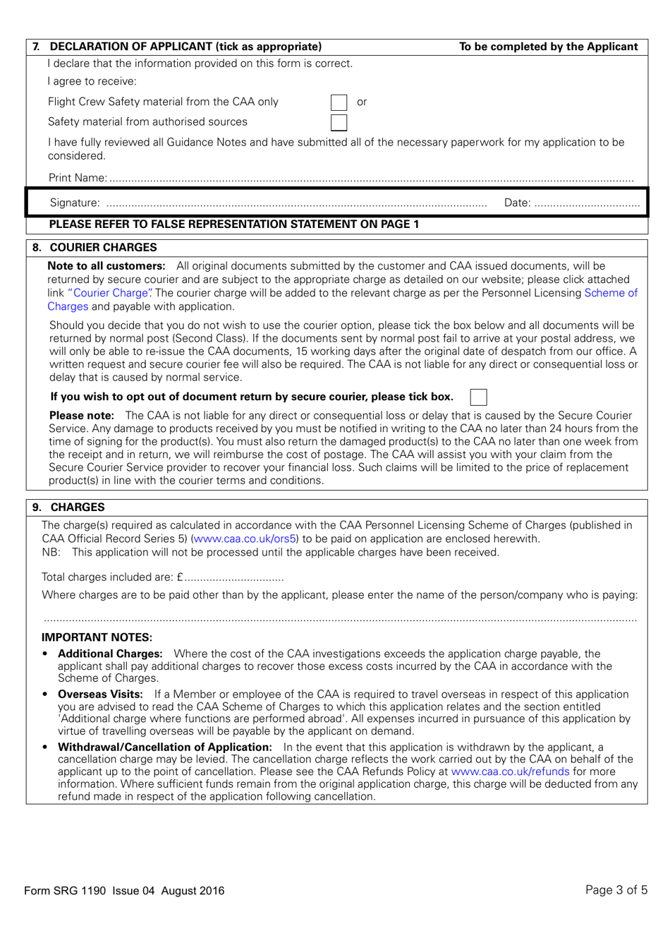 Form SRG1190 Application for the Re-grade of UK Issued Pilots Licences to Part-Fcl, Private Pilots Licences, Light Aircraft Pilot Licences or National Private Pilot Licences - United Kingdom, Page 3