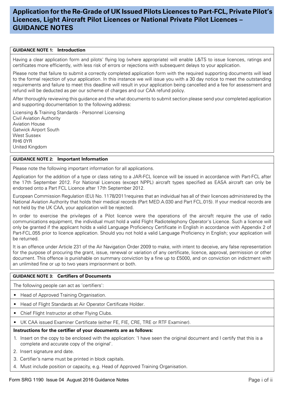 Form SRG1190 Application for the Re-grade of UK Issued Pilots Licences to Part-Fcl, Private Pilots Licences, Light Aircraft Pilot Licences or National Private Pilot Licences - United Kingdom, Page 6
