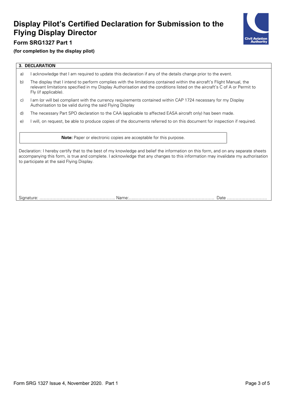 Form SRG1327 Display Pilots Certified Declaration for Submission to the Flying Display Director - United Kingdom, Page 3