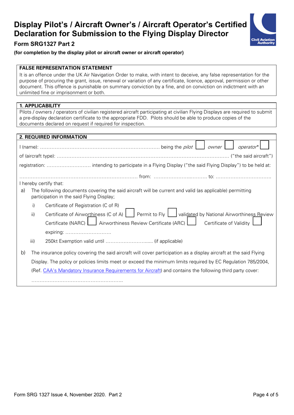Form SRG1327 Display Pilots Certified Declaration for Submission to the Flying Display Director - United Kingdom, Page 4
