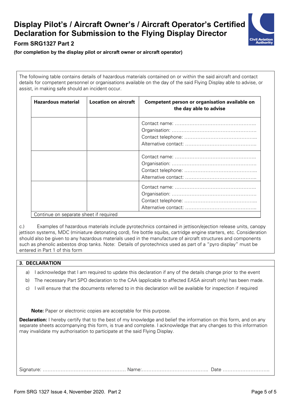 Form SRG1327 Display Pilots Certified Declaration for Submission to the Flying Display Director - United Kingdom, Page 5