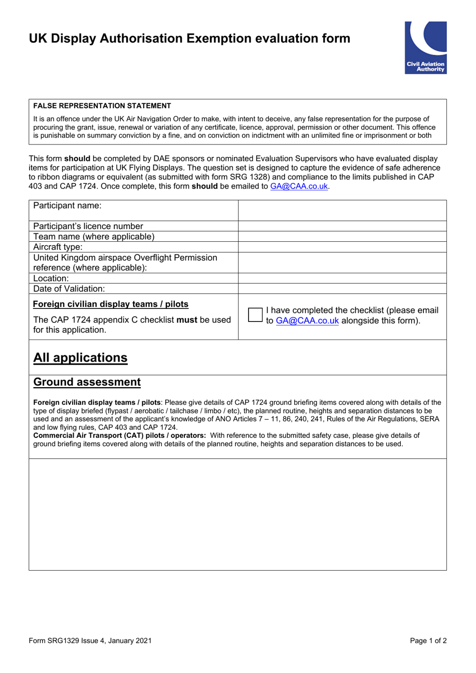 Form SRG1329 UK Display Authorisation Exemption Evaluation Form - United Kingdom, Page 1