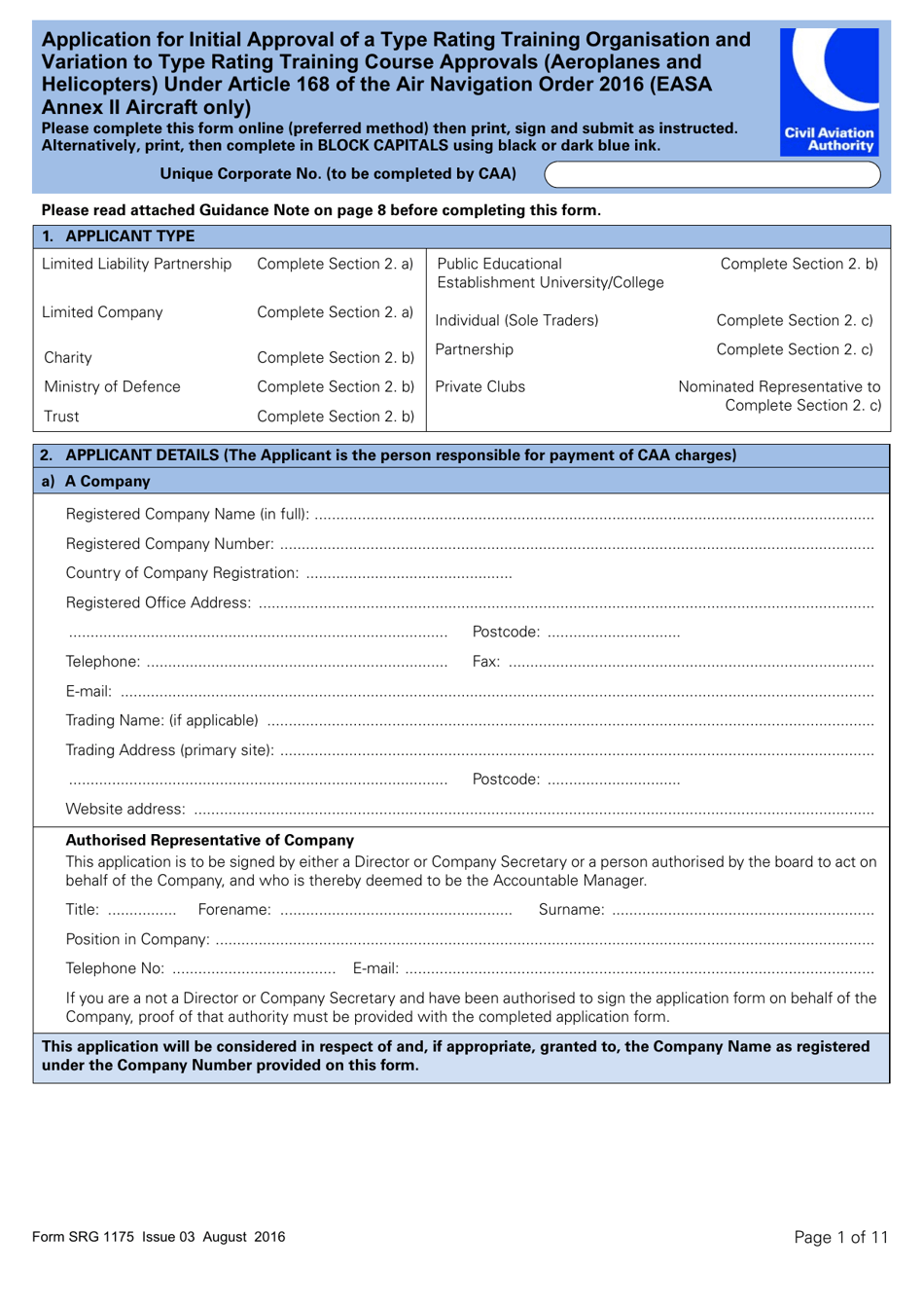 Form SRG1175 Application for Initial Approval of a Type Rating Training Organization and Variation to Type Rating Training Course Approvals (Aeroplanes and Helicopters) Under Article 168 of the Air Navigation Order 2016 (Easa Annex II Aircraft Only) - United Kingdom, Page 1