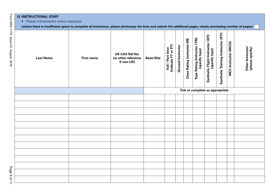 Form SRG1175 Application for Initial Approval of a Type Rating Training Organization and Variation to Type Rating Training Course Approvals (Aeroplanes and Helicopters) Under Article 168 of the Air Navigation Order 2016 (Easa Annex II Aircraft Only) - United Kingdom, Page 6