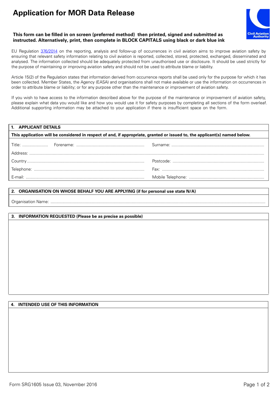 Form SRG1605 Application for Mor Data Release - United Kingdom, Page 1