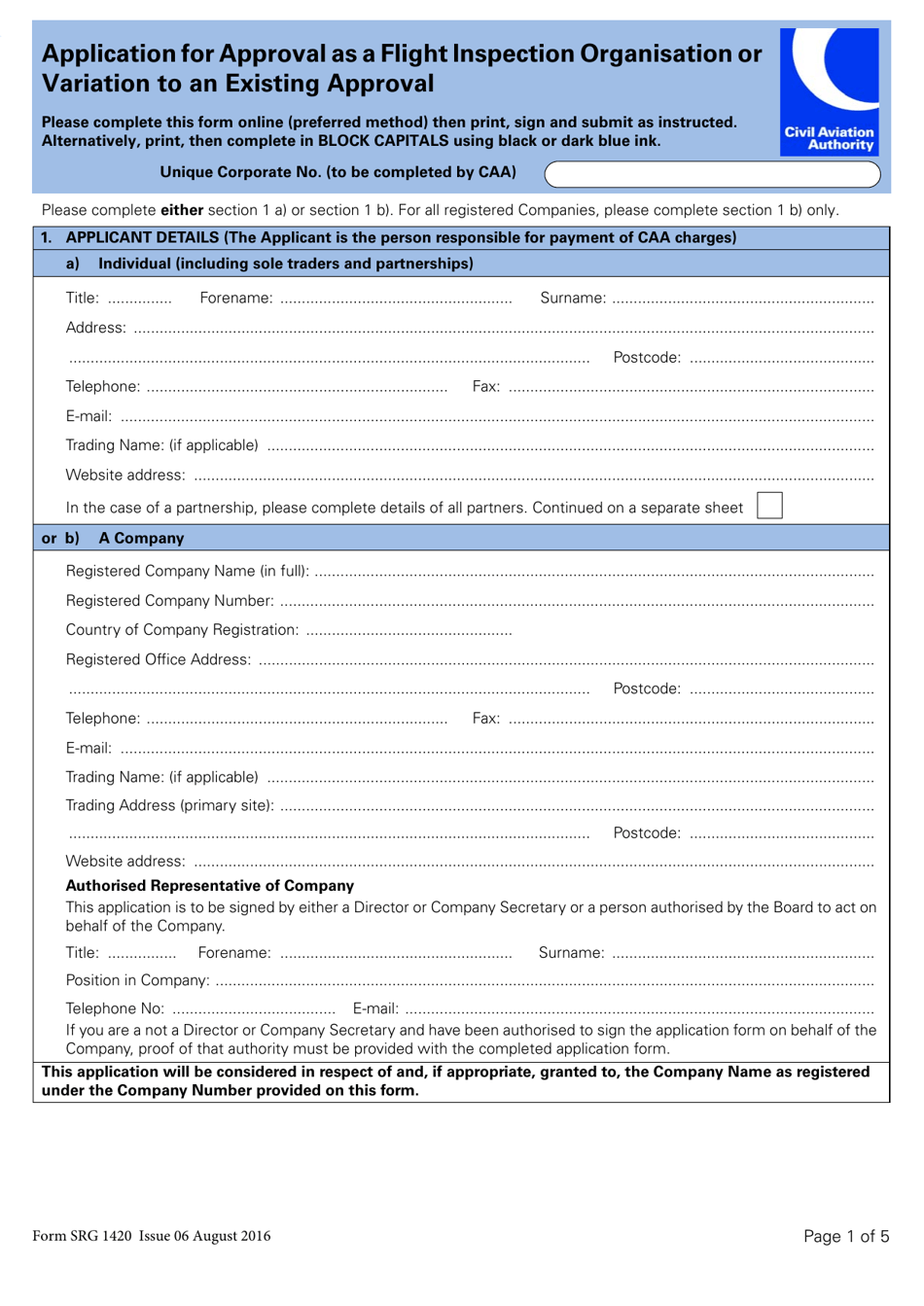 Form SRG1420 Application for Approval as a Flight Inspection Organisation or Variation to an Existing Approval - United Kingdom, Page 1
