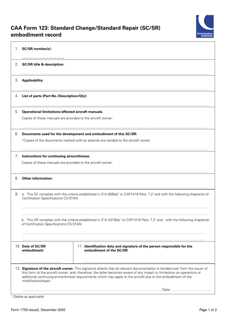 CAA Form 123 (SRG1759) Standard Change/Standard Repair (Sc/Sr) Embodiment Record - United Kingdom