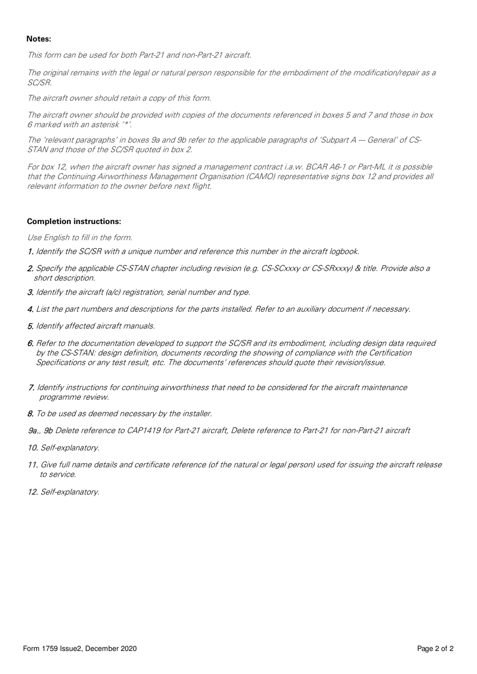CAA Form 123 (SRG1759) Standard Change / Standard Repair (Sc / Sr) Embodiment Record - United Kingdom, Page 2
