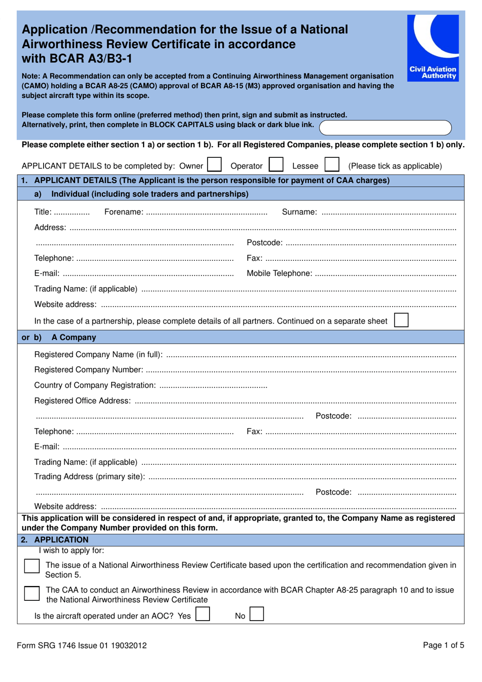 Form SRG1746 Application / Recommendation for the Issue of a National Airworthiness Review Certificate in Accordance With Bcar A3 / B3-1 - United Kingdom, Page 1