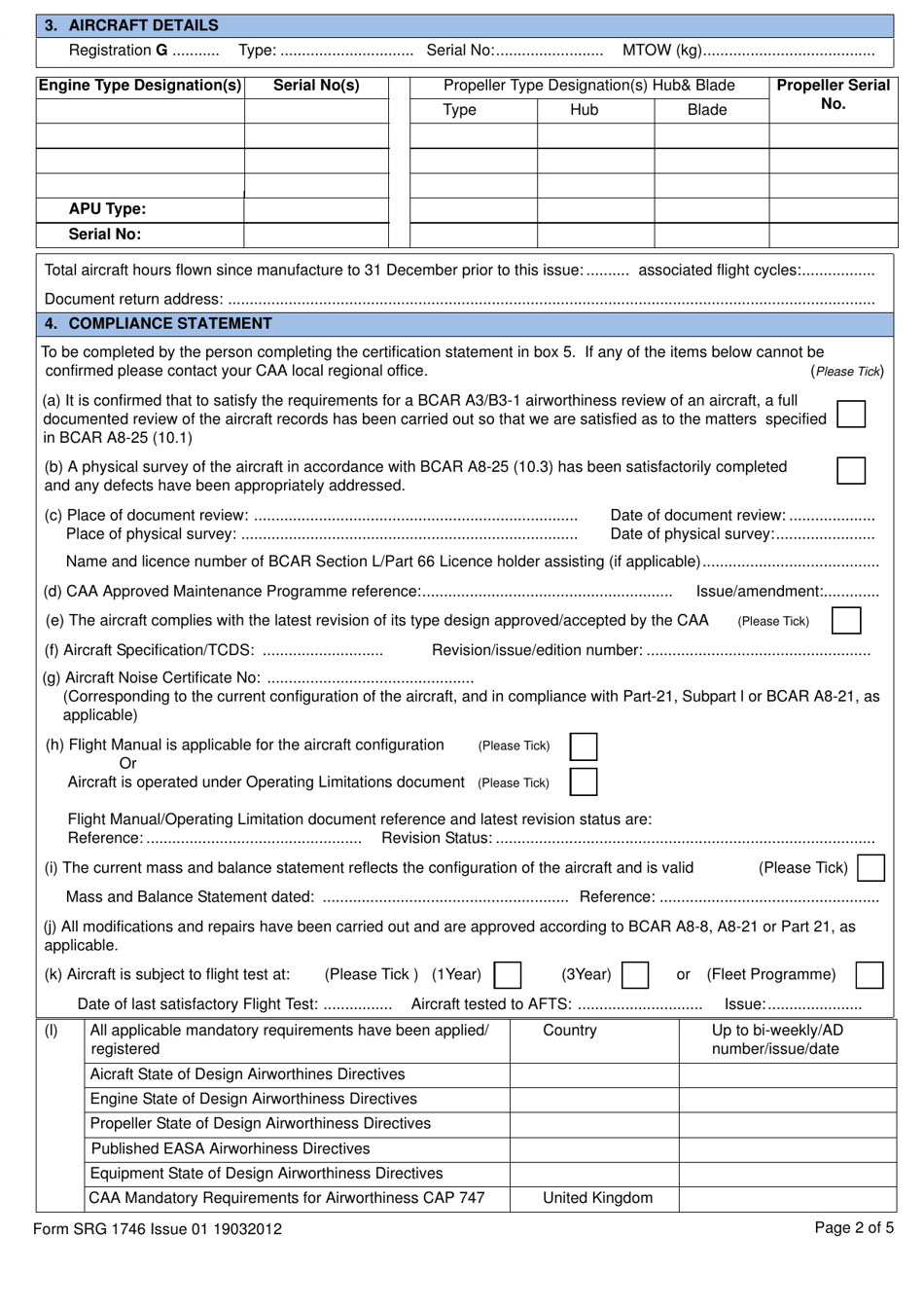 Form SRG1746 Application / Recommendation for the Issue of a National Airworthiness Review Certificate in Accordance With Bcar A3 / B3-1 - United Kingdom, Page 2