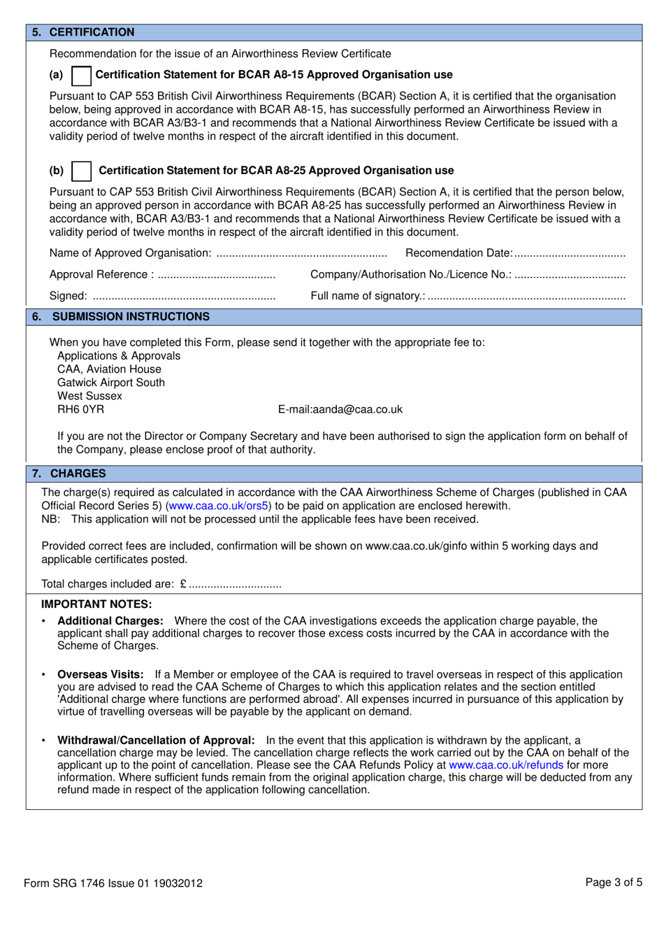 Form SRG1746 Application / Recommendation for the Issue of a National Airworthiness Review Certificate in Accordance With Bcar A3 / B3-1 - United Kingdom, Page 3