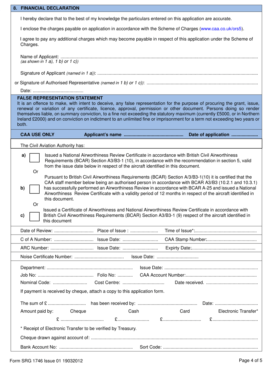 Form SRG1746 Application / Recommendation for the Issue of a National Airworthiness Review Certificate in Accordance With Bcar A3 / B3-1 - United Kingdom, Page 4