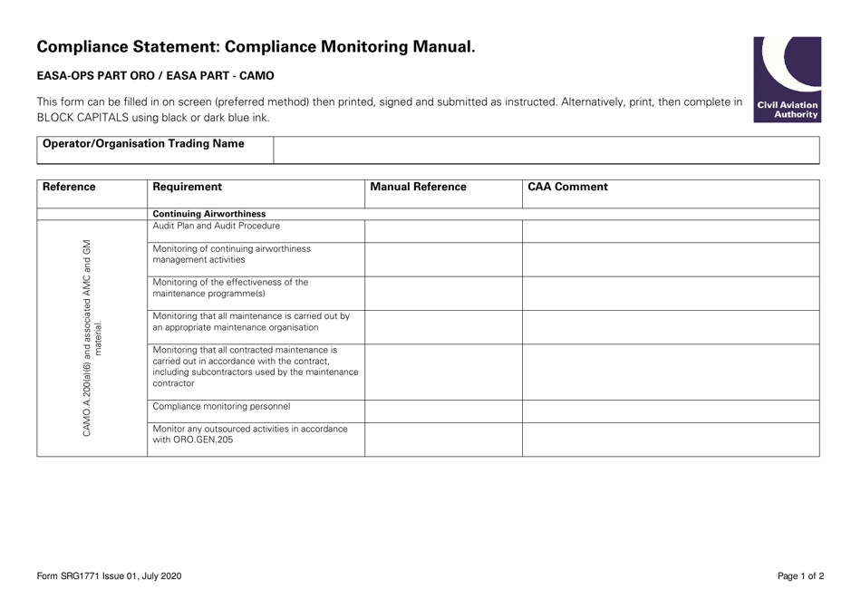 Form SRG1771 Compliance Statement: Compliance Monitoring Manual - United Kingdom, Page 1