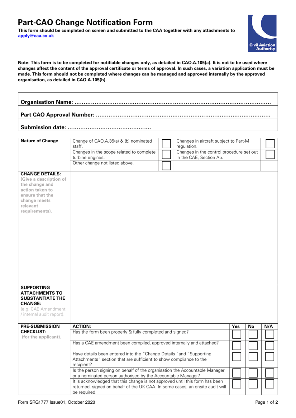 Form SRG1777 Part-Cao Change Notification Form - United Kingdom, Page 1
