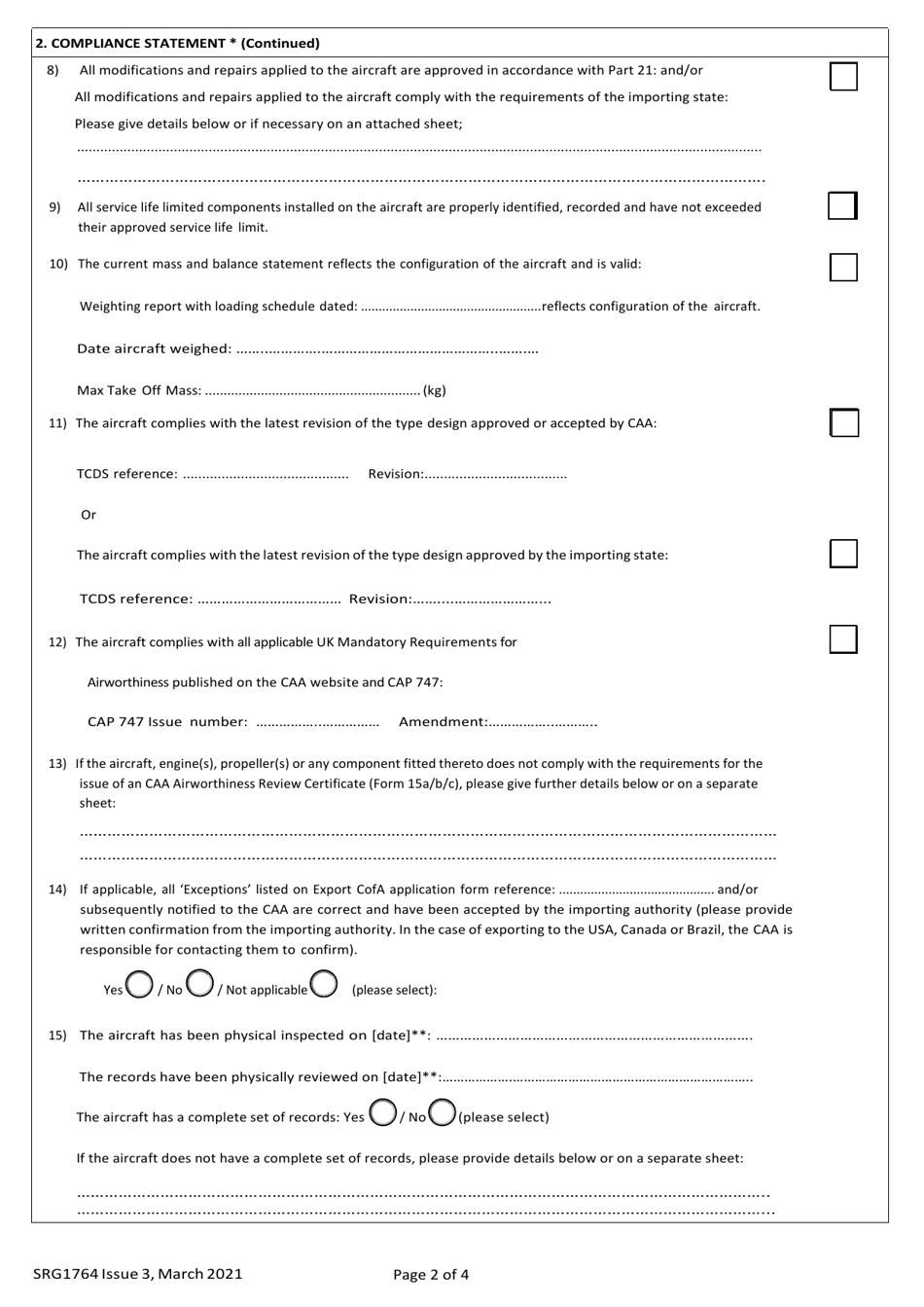 Form SRG1764 Statement of Compliance and Recommendation for the Issue of an Export Certificate of Airworthiness - United Kingdom, Page 2