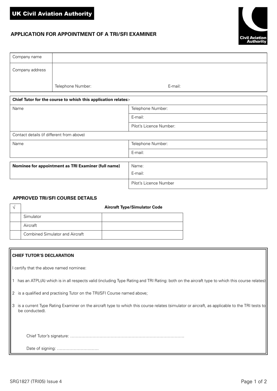 Form SRG1827 (TRI05) Application for Appointment of a Tri / Sfi Examiner - United Kingdom, Page 1