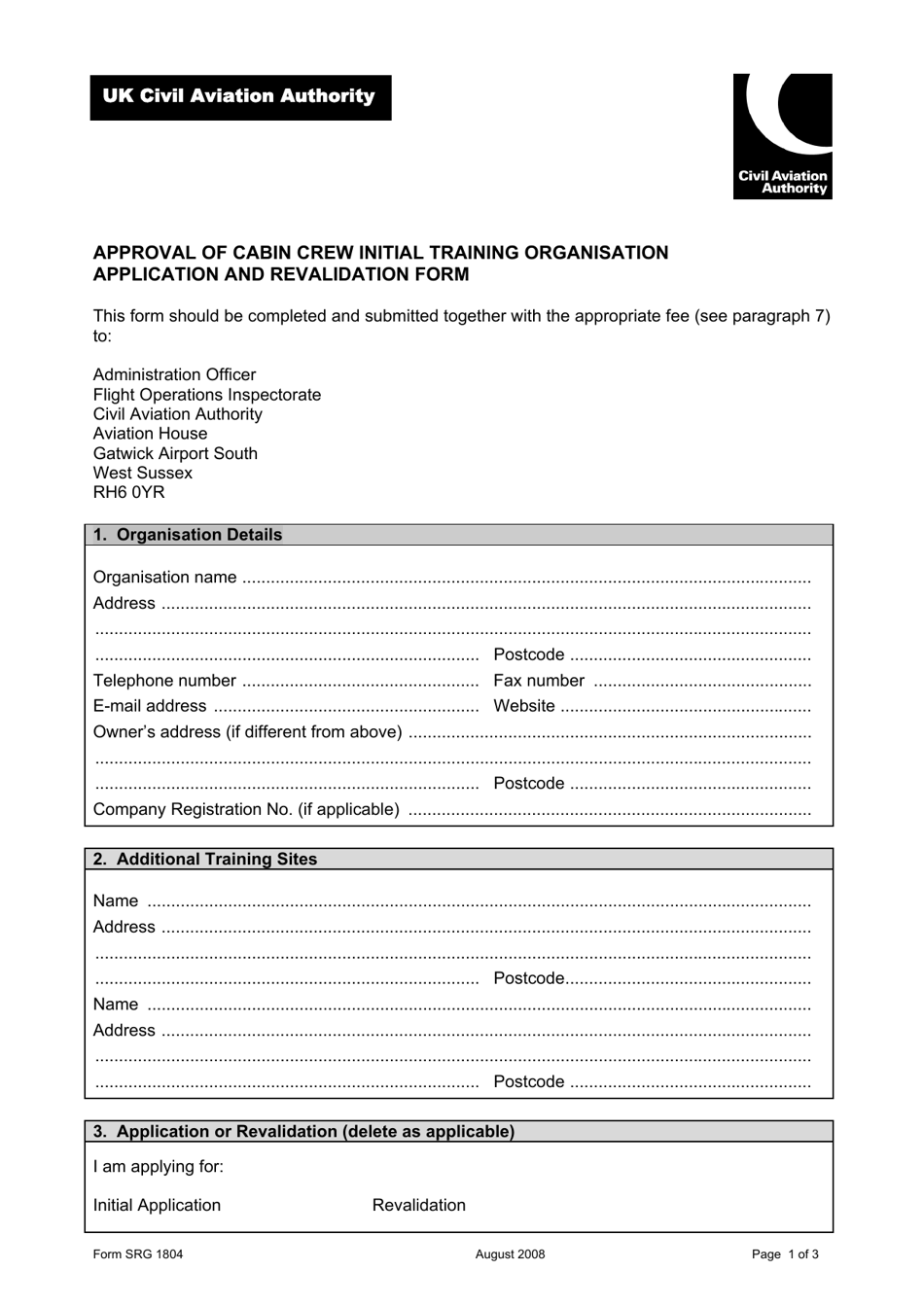 Form SRG1804 Approval of Cabin Crew Initial Training Organisation Application and Revalidation Form - United Kingdom, Page 1
