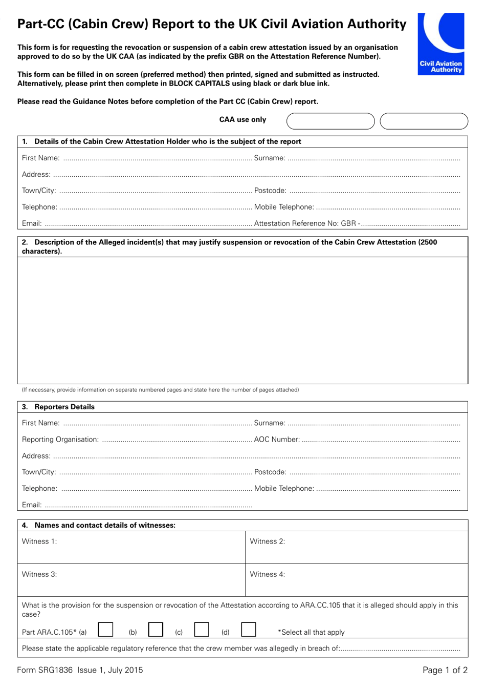 Form SRG1836 Part-Cc (Cabin Crew) Report to the UK Civil Aviation Authority - United Kingdom, Page 1
