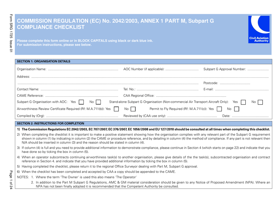 Form SRG1725 Commission Regulation (Ec) No. 2042/2003, Annex 1 Part M, Subpart G Compliance Checklist - United Kingdom