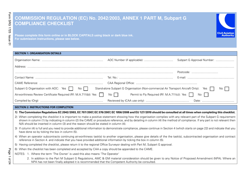 Form SRG1725 Commission Regulation (Ec) No. 2042 / 2003, Annex 1 Part M, Subpart G Compliance Checklist - United Kingdom, Page 1