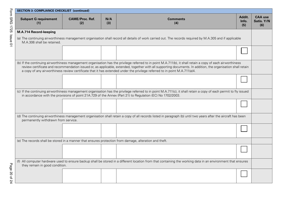 Form SRG1725 Commission Regulation (Ec) No. 2042 / 2003, Annex 1 Part M, Subpart G Compliance Checklist - United Kingdom, Page 20