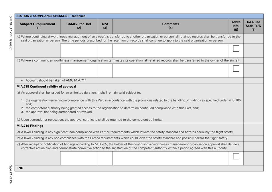Form SRG1725 Commission Regulation (Ec) No. 2042 / 2003, Annex 1 Part M, Subpart G Compliance Checklist - United Kingdom, Page 21