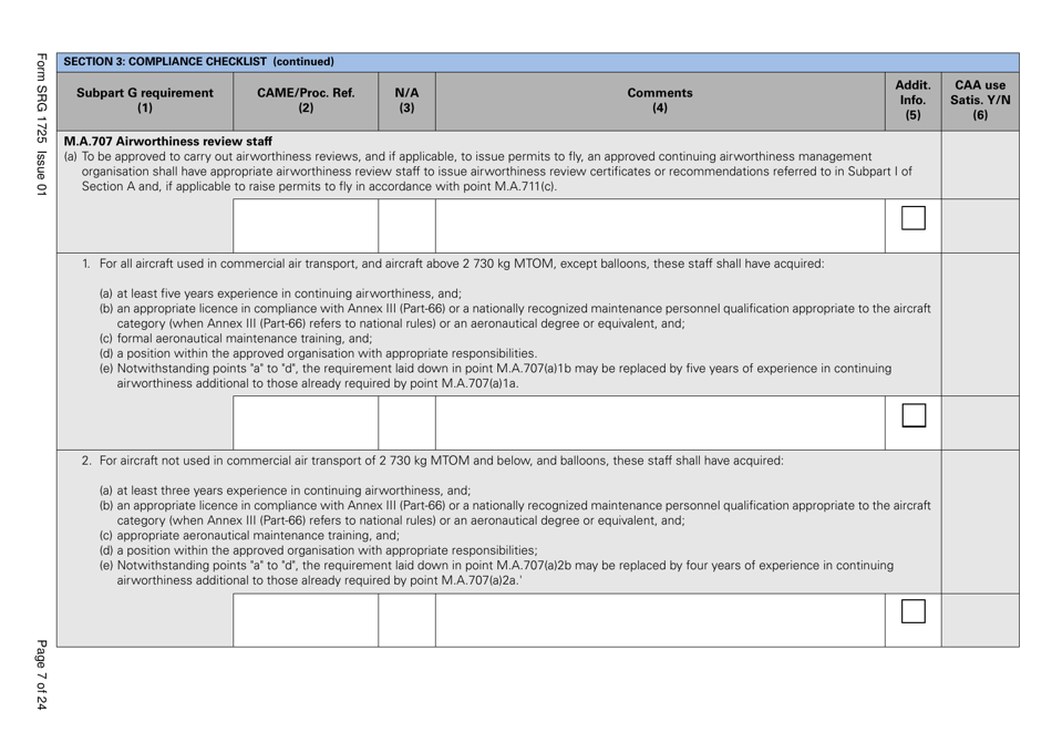 Form SRG1725 Commission Regulation (Ec) No. 2042 / 2003, Annex 1 Part M, Subpart G Compliance Checklist - United Kingdom, Page 7