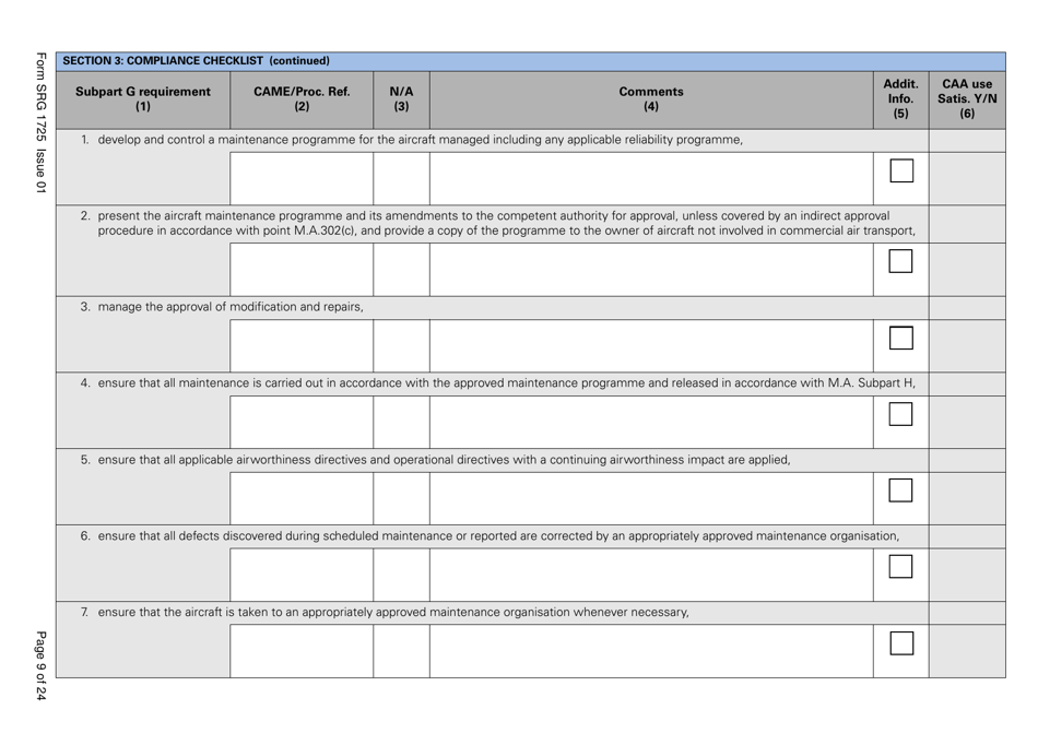 Form SRG1725 Commission Regulation (Ec) No. 2042 / 2003, Annex 1 Part M, Subpart G Compliance Checklist - United Kingdom, Page 9