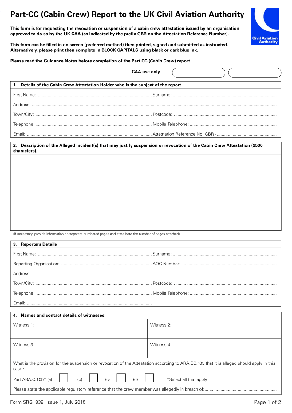 Form SRG1838 Part-Cc (Cabin Crew) Report to the UK Civil Aviation Authority - United Kingdom, Page 1
