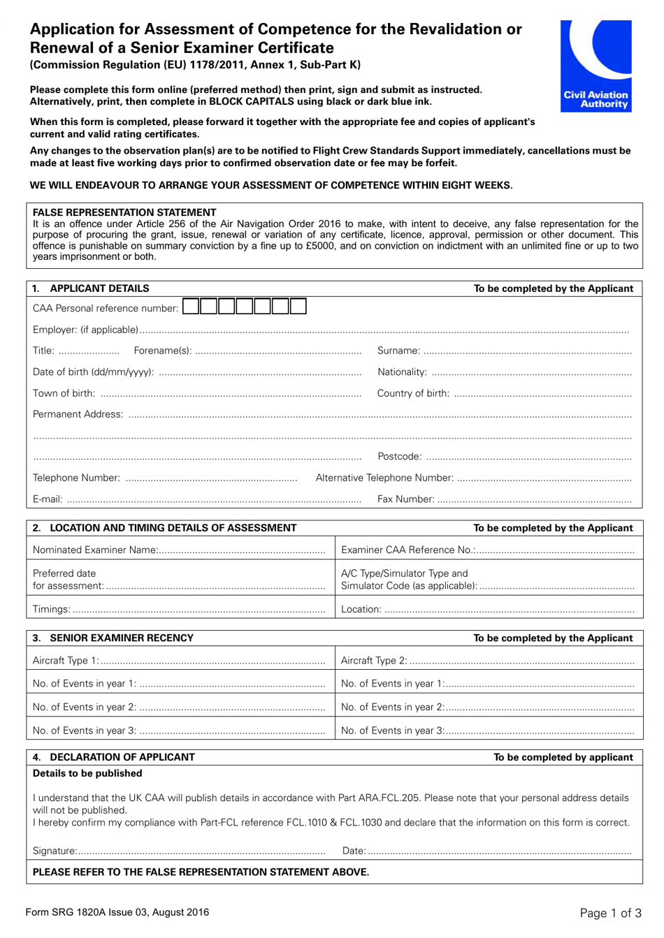 Form SRG1820A Application for Assessment of Competence for the Revalidation or Renewal of a Senior Examiner Certificate - United Kingdom, Page 1