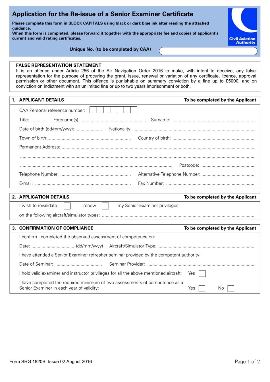 Form SRG1820B Application for the Re-issue of a Senior Examiner Certificate - United Kingdom, Page 1
