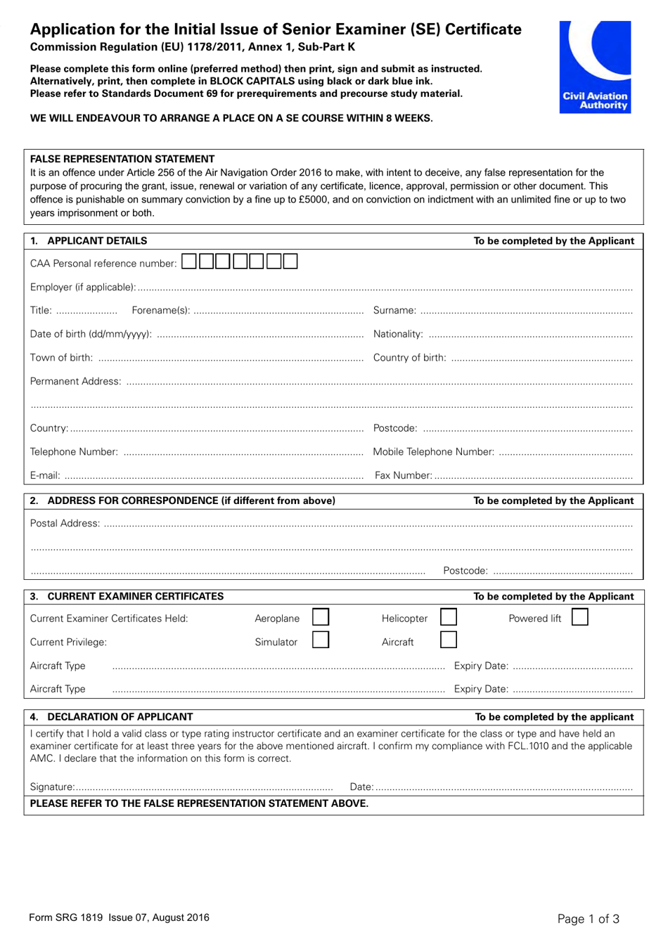 Form SRG1819 Application for the Initial Issue of Senior Examiner (Se) Certificate - United Kingdom, Page 1