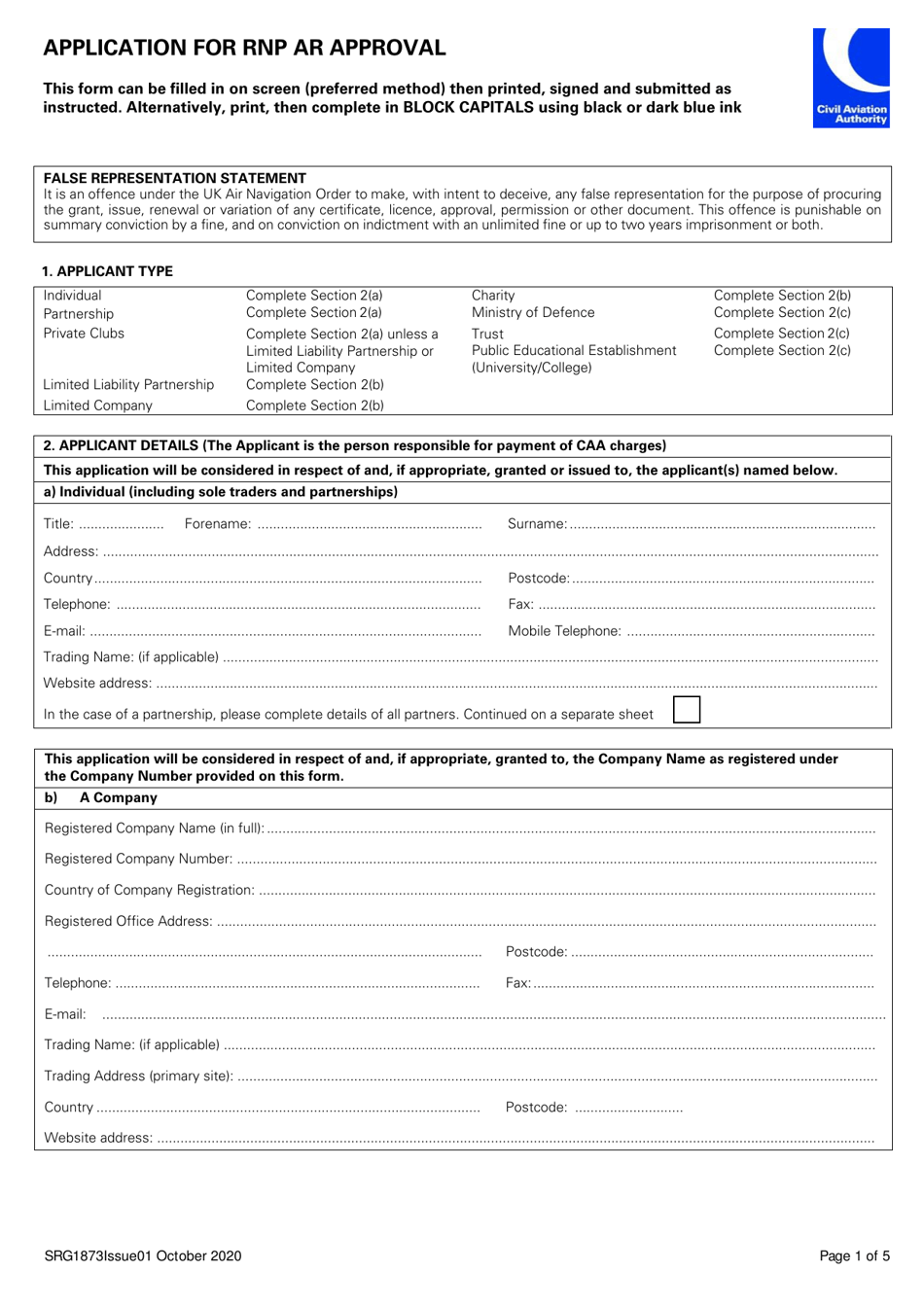 Form SRG1873 Application for Rnp Ar Approval - United Kingdom, Page 1