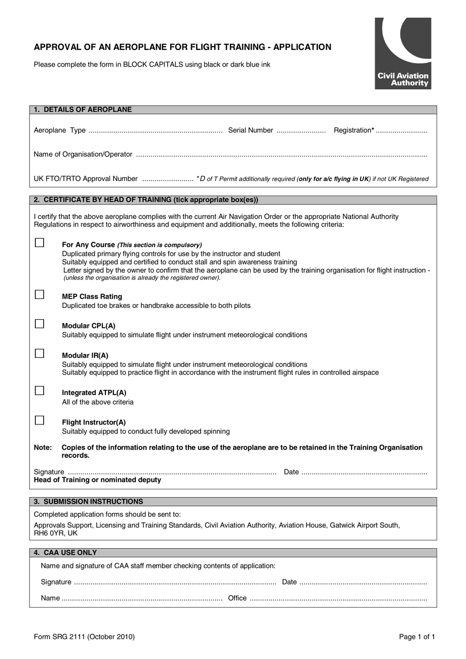 Form SRG2111 Approval of an Aeroplane for Flight Training - Application - United Kingdom, Page 1