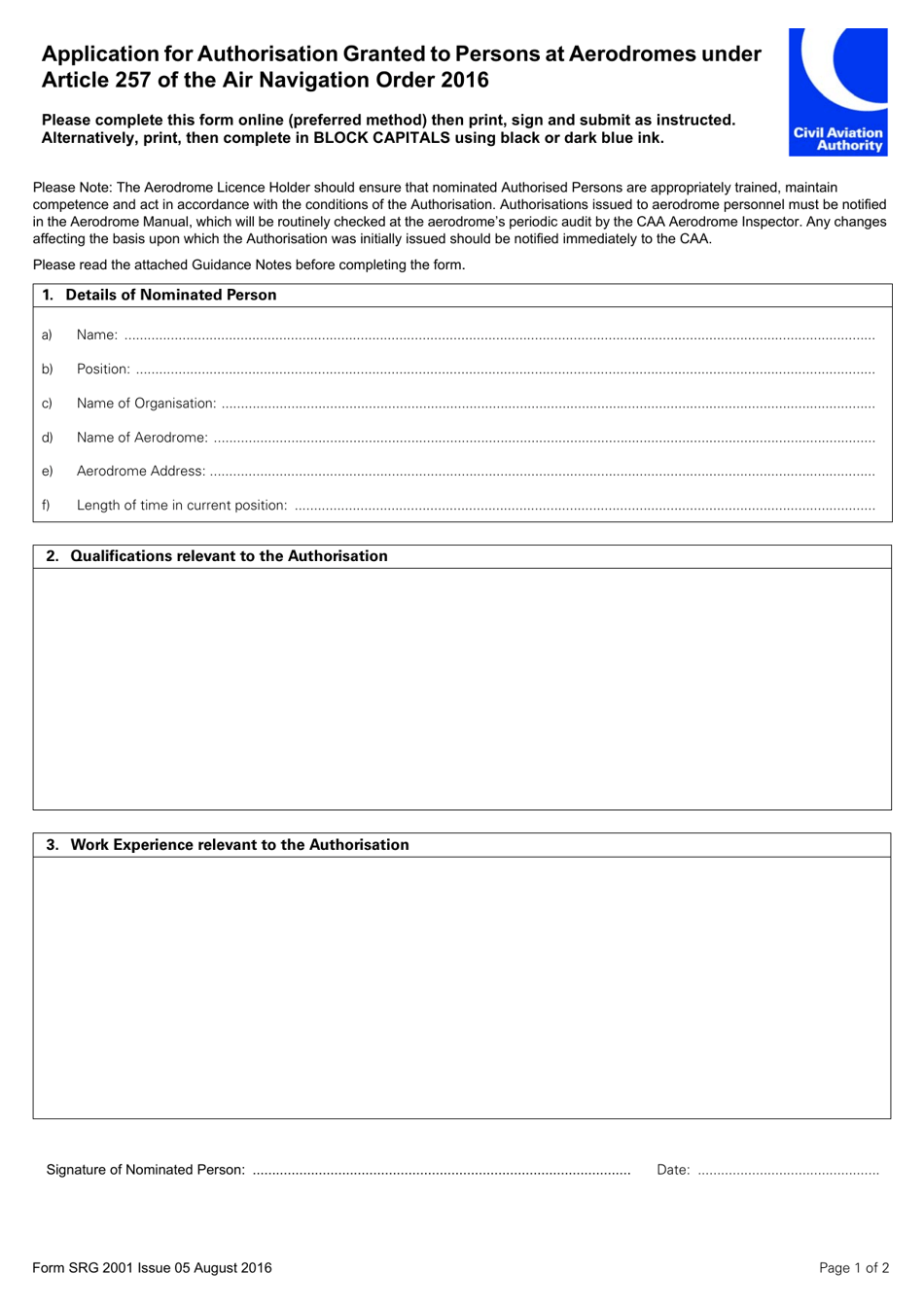 Form SRG2001 Application for Authorisation Granted to Persons at Aerodromes Under Article 257 of the Air Navigation Order 2016 - United Kingdom, Page 1