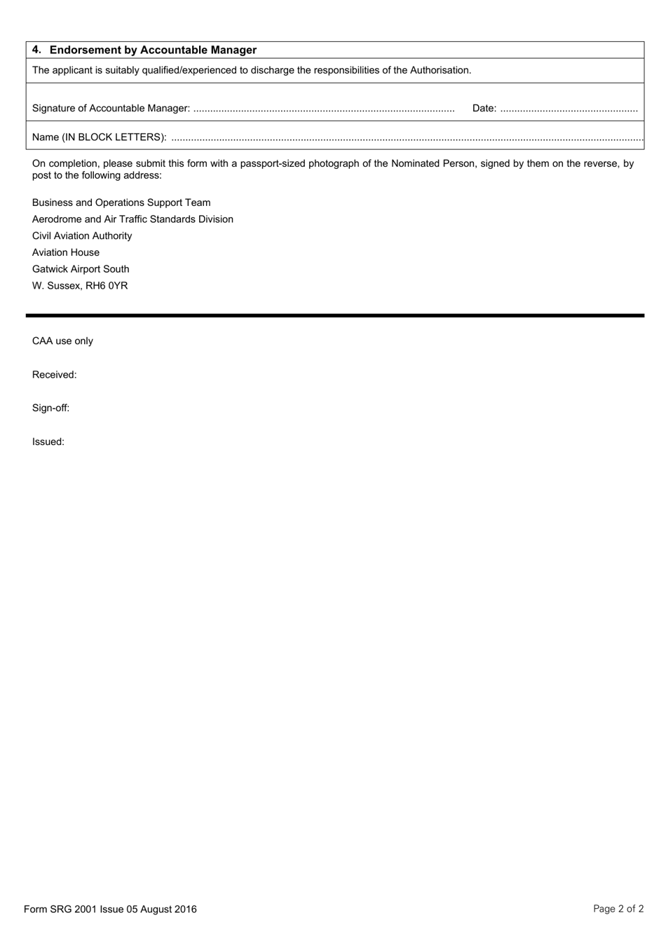 Form SRG2001 Application for Authorisation Granted to Persons at Aerodromes Under Article 257 of the Air Navigation Order 2016 - United Kingdom, Page 2