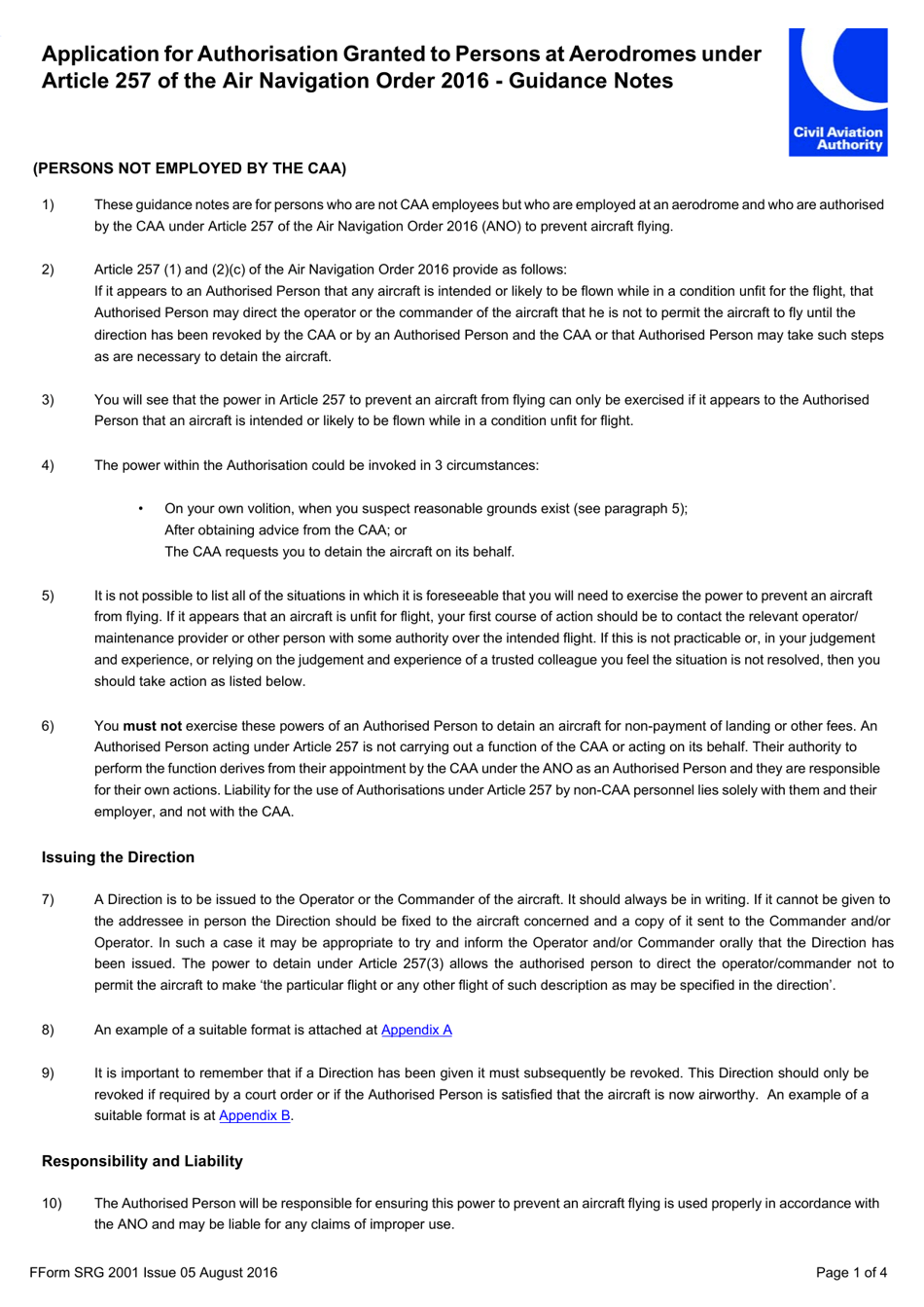 Form SRG2001 Application for Authorisation Granted to Persons at Aerodromes Under Article 257 of the Air Navigation Order 2016 - United Kingdom, Page 3