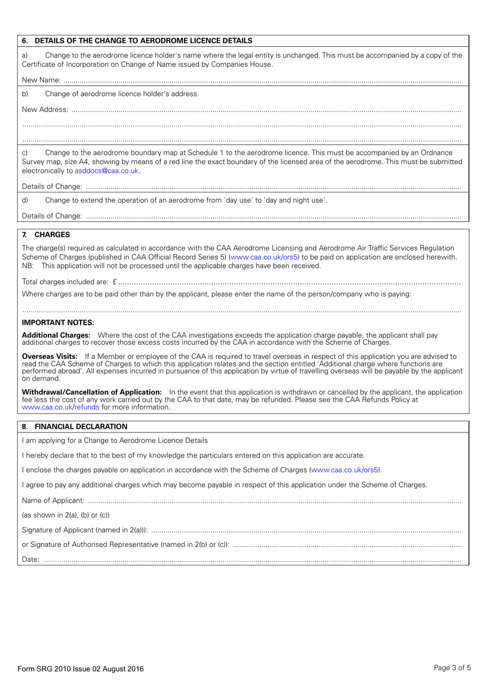 Form SRG2010 Application for a Change to Aerodrome Licence Details - United Kingdom, Page 3