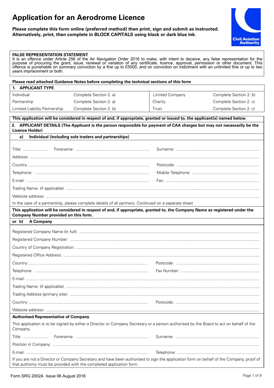 Form SRG2002A Application for an Aerodrome Licence - United Kingdom, Page 1