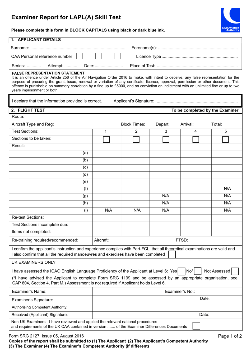 Form SRG2127 Examiner Report for Lapl(A) Skill Test - United Kingdom, Page 1