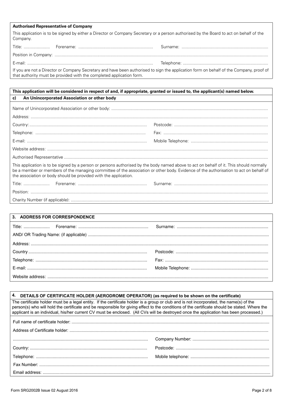 Form SRG2002B Application for an Aerodrome Certificate - United Kingdom, Page 2