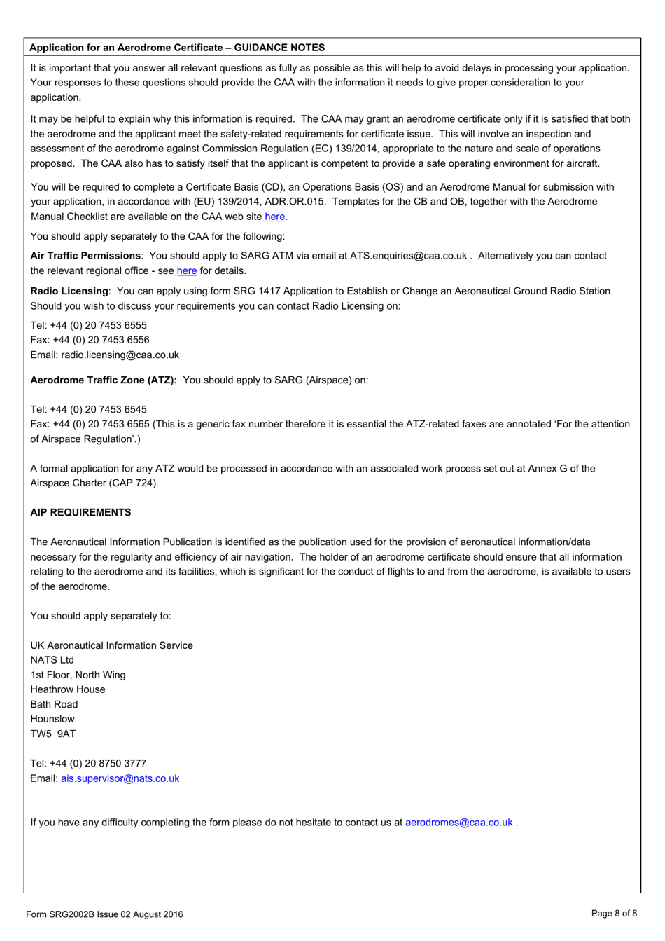 Form SRG2002B Application for an Aerodrome Certificate - United Kingdom, Page 8