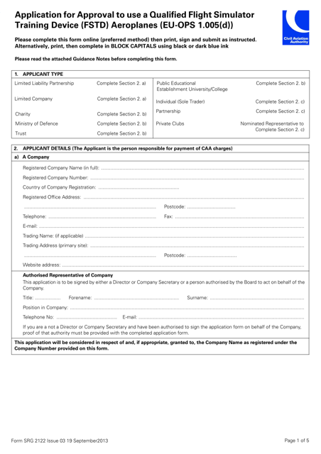 Form SRG2122 Application for Approval to Use a Qualified Flight Simulator Training Device (Fstd) Aeroplanes (Eu-Ops 1.005(D)) - United Kingdom