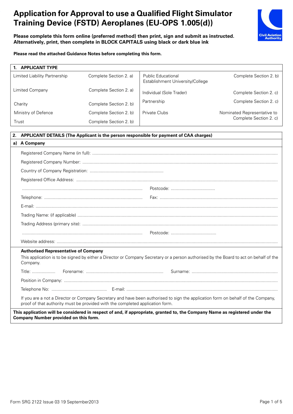 Form SRG2122 Application for Approval to Use a Qualified Flight Simulator Training Device (Fstd) Aeroplanes (Eu-Ops 1.005(D)) - United Kingdom, Page 1