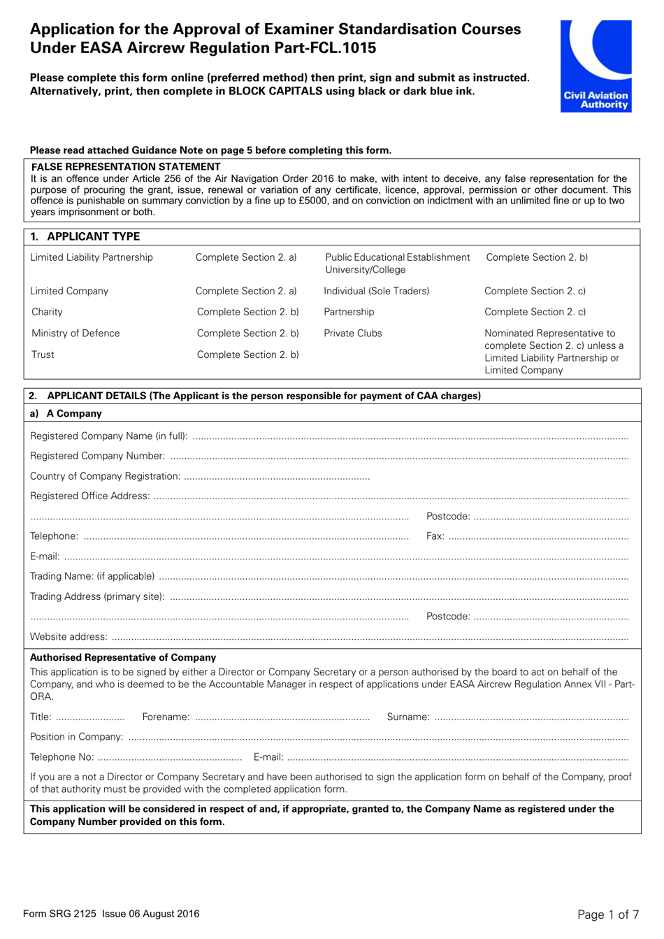 Form SRG2125 Application for the Approval of Examiner Standardisation Courses Under Easa Aircrew Regulation Part-Fcl.1015 - United Kingdom, Page 1