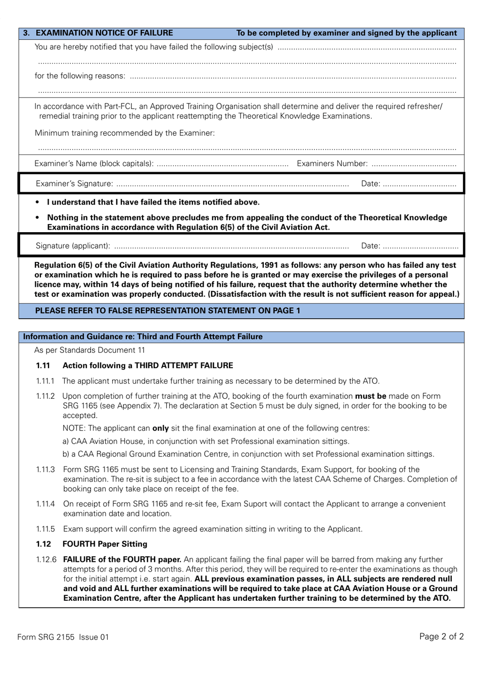 Form SRG2155 Examiners Report in Respect of Failure of Theoretical Examinations for Ppl / Bpl / Spl / Lapl Under Easa Aircrew Regulation Part-Fcl.120 and Part-Fcl.125 - United Kingdom, Page 2
